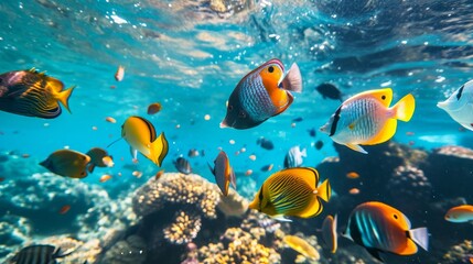 Fototapeta na wymiar Underwater adventure swimming with colorful fish in tropical paradise 