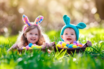 Adorable kids with candy-filled Easter baskets, a charming and festive scene as children celebrate Easter with sweet delights.