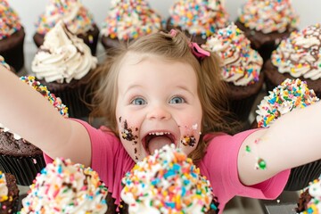 Children celebrating with candy-filled cupcakes, a joyous and delectable scene as kids indulge in delightful cupcake treats.