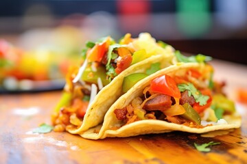 close-up of a spicy taco with a bite taken, showing layers