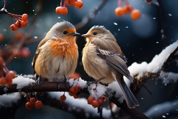 Amidst a serene winter wonderland, two oscine songbirds perch on a snow-covered branch, their melodic calls echoing through the cold, showcasing the resilient beauty of wildlife in the midst of a har
