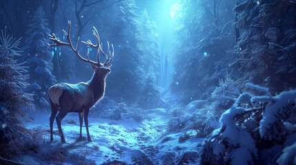 Winter Northern majestic deer in the magical winter night forest. Winter landscape with deer, big beautiful antlers, winter illumination, moonlight, neon    