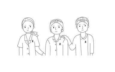 Happy cancer patients in hand drawn black line drawing vector style.