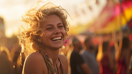 Music and Merriment: Happy Woman Embracing the Festive Vibes with Shallow Focus