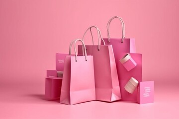 Pink shopping bags with sale tag on background. Sale campaign, discount idea. Generative AI - obrazy, fototapety, plakaty
