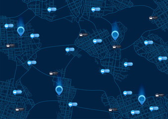 The concept of selecting a rental car on the map. Cars with different assessments of their condition. App for search, rent transport. Map location mark. Vector illustration