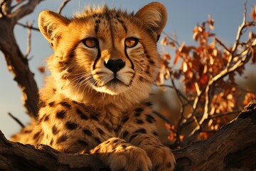 A majestic cheetah rests atop a leafy tree branch, its sleek fur blending with the sky as it gazes into the vast wilderness below