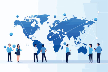 Business people on world map, background. Social media and global communications concept