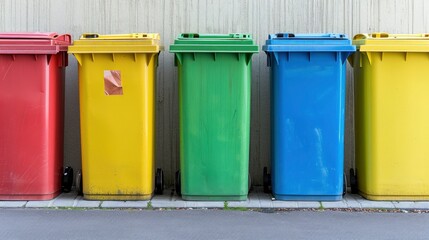Colorful Row of Recycling Bins Lined Up for Waste Separation.