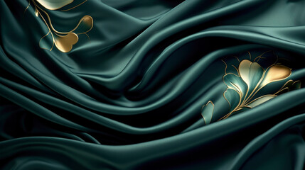 Green soft silk or satin with golden flowers laying in waves and curves in 3d, luxury smooth...