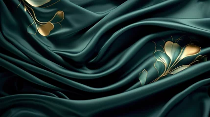 Poster Green soft silk or satin with golden flowers laying in waves and curves in 3d, luxury smooth elegant textile background texture  © Gertrud