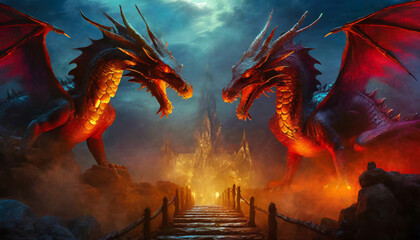 Two dragons guards the path across the bridge, legendary beast, fantasy landscape - obrazy, fototapety, plakaty