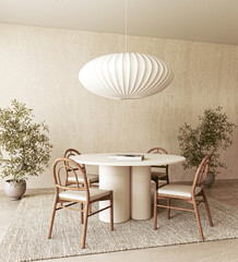 Modern dining room with white sculptural pendant light, round table, bentwood chairs, and abstract painting
