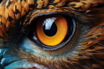 An exquisite closeup of a wise owl's piercing eyes, adorned with delicate feathers, reveals the...