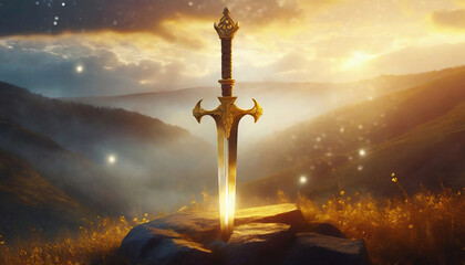 Magic golden sword, ancient fantasy weapon and landscape background, legendary adventure concept - obrazy, fototapety, plakaty