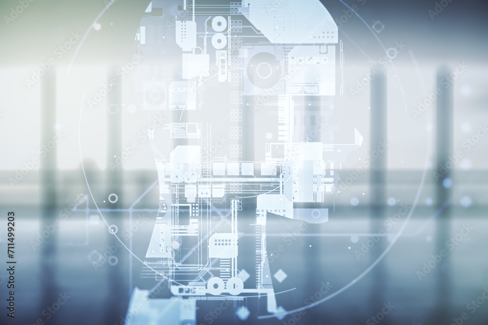 Aufkleber Double exposure of creative artificial Intelligence hologram on empty modern office background. Neural networks and machine learning concept