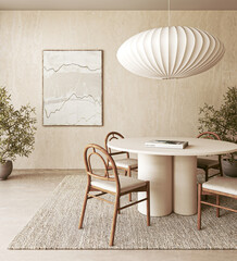 Chic dining area with a white sculptural pendant light, wooden table, and bentwood chairs against a textured wall