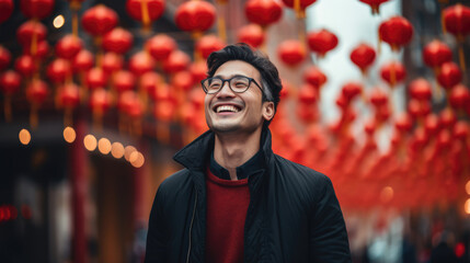 Asian man celebrating new year eve on a blurred holiday background