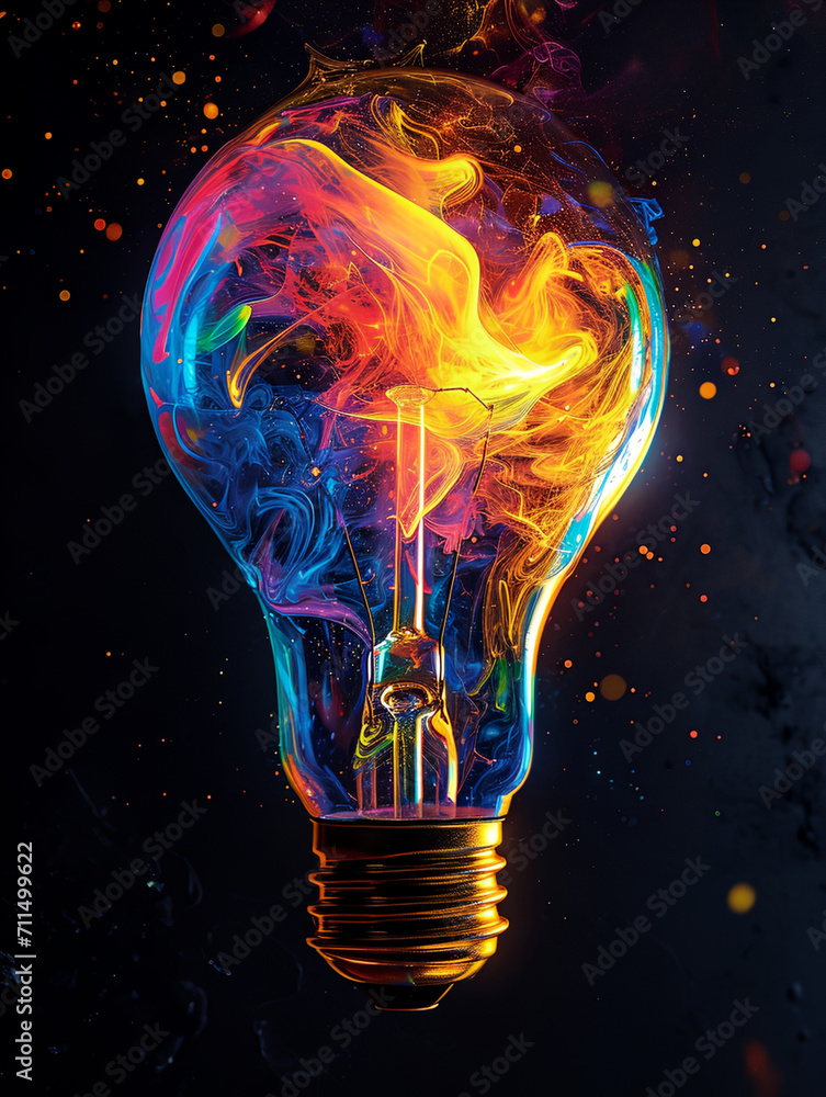 Poster a light bulb with vivid rainbow color pulse energy surround. smooth colorful smoke liquid splash and