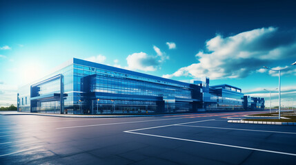 Fototapeta na wymiar Modern Hub: Logistics Center or Corporate Headquarters Under a Clear Blue Sky
