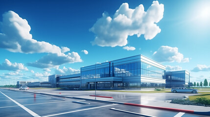 Modern Hub: Logistics Center or Corporate Headquarters Under a Clear Blue Sky - obrazy, fototapety, plakaty
