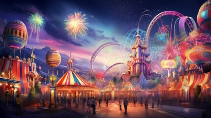 Vibrant fairground with dazzling lights, spinning rides, and a joyful atmosphere - Generative AI - obrazy, fototapety, plakaty
