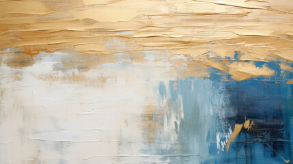 Closeup of abstract rough golden, white, blue art painting in stripes with oil brushstroke, pallet knife painting, texture	
