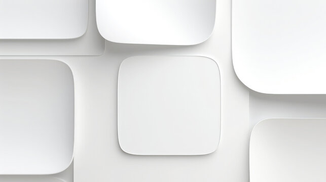 Closeup of white geometric shapes, squares with round corners, squares in layers 3d pattern in white background, modern abstract web design 