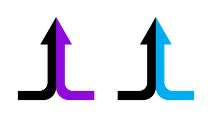 Two arrows merging into one icon set. Two arrows junction together vector symbol in a black filled and outlined style. Vertical two arrows unite sign.