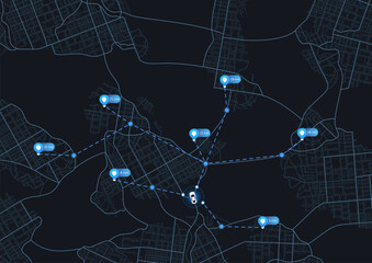 City map featuring directional signs, an intended goal point and multiple markers. An abstract navigation plan highlights POI including city streets, blocks. Editable vector illustration