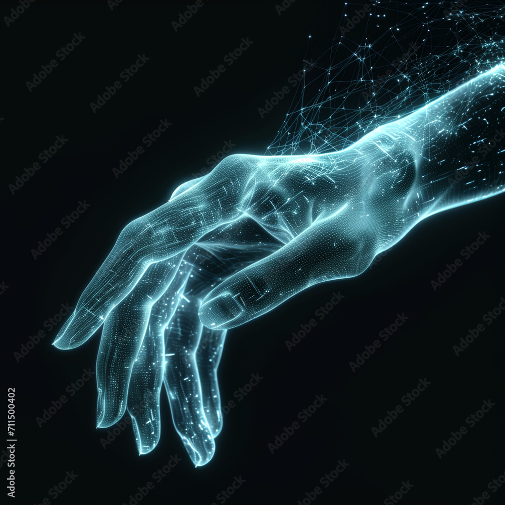 Poster a futuristic bionic hand with wireframe and digital data flowing, palm up, accepting new ai technolo