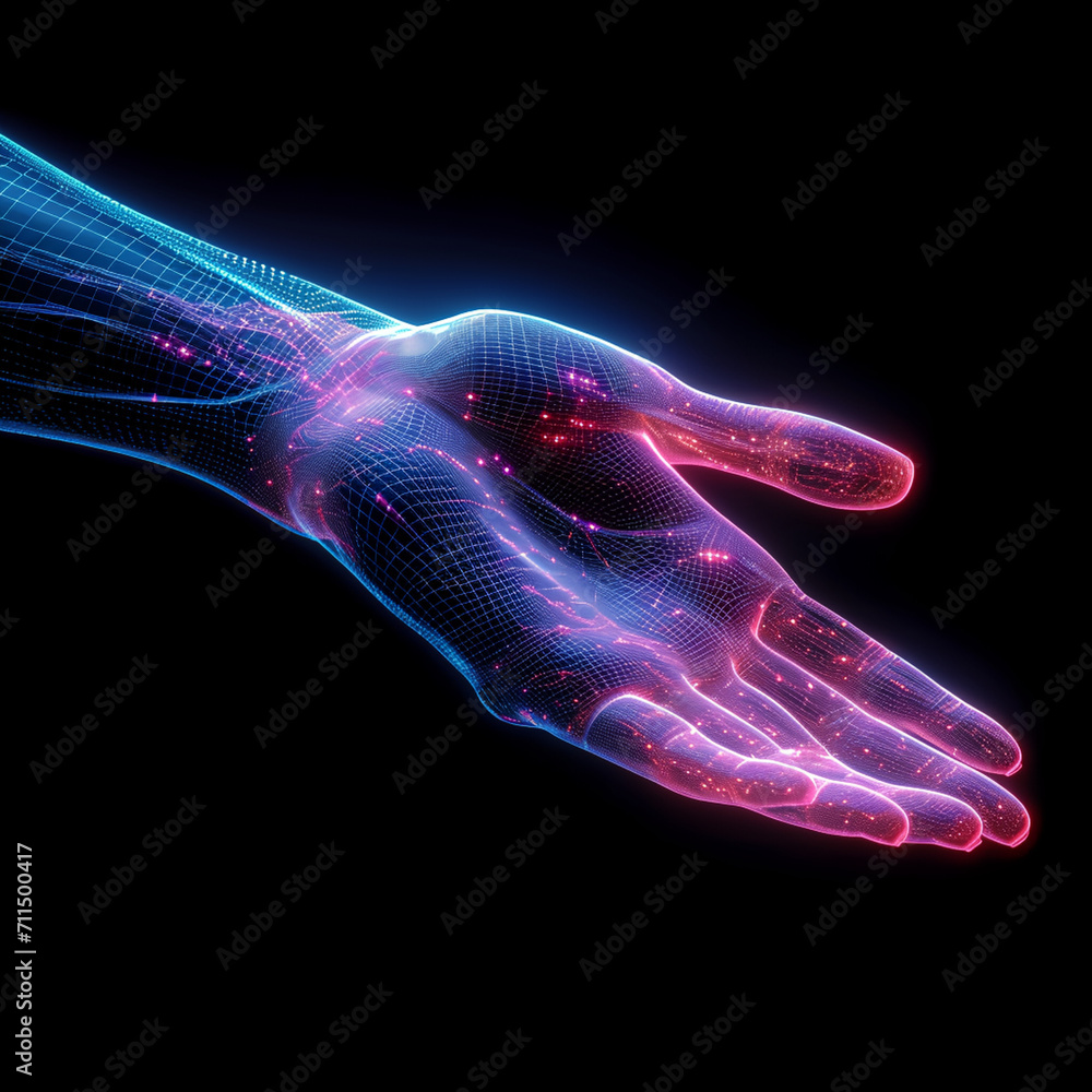 Poster a futuristic bionic hand with wireframe and digital data flowing, palm up, accepting new ai technolo