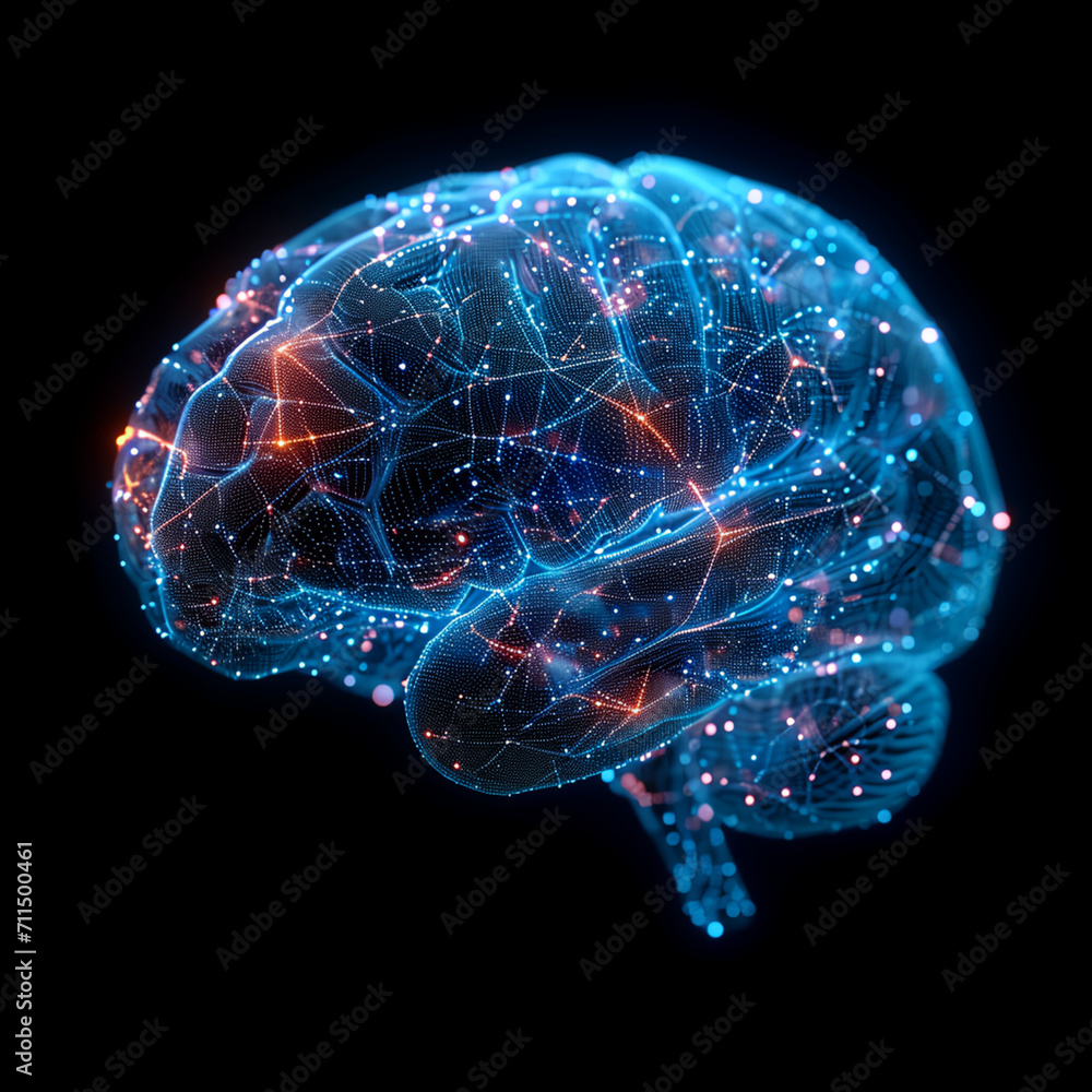 Poster a futuristic bionic human brain with wireframe and digital data flowing, adapting new ai technology 