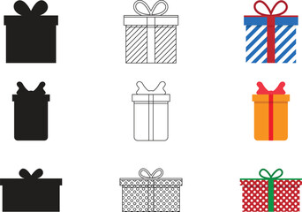 A set of gifts of various types, including outline images and silhouettes, in blue, orange and red colors, with silhouettes depicted in black.