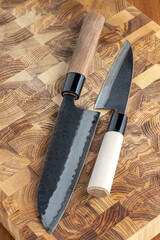 Japanese premium knives released.Damascus steel pattern.Background with a pattern of Damascus steel.