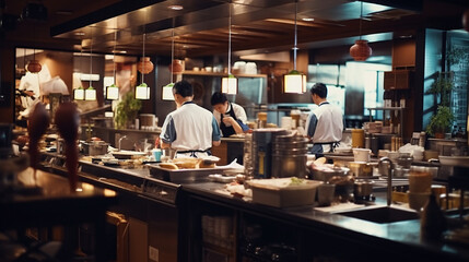 Dynamism Unleashed: The Pulse of a Busy Japanese Restaurant with Animated Staff - obrazy, fototapety, plakaty