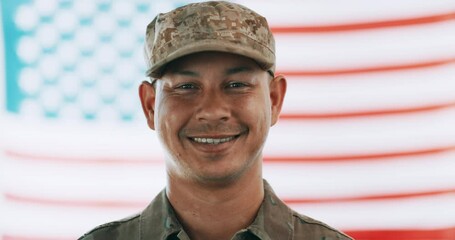 Face, man and American soldier with flag, military hero with courage and smile, pride and patriotic. Army, security and war, warrior or veteran in portrait with service, headshot and patriot in USA