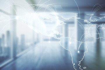 Double exposure of abstract digital world map hologram with connections on empty room interior background, big data and blockchain concept