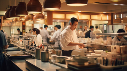 Fototapeta na wymiar Dynamism Unleashed: The Pulse of a Busy Japanese Restaurant with Animated Staff