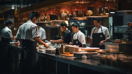 Fototapeta na wymiar Kinetic Harmony: The Bustle of a Busy Japanese Restaurant Captures Staff in Motion
