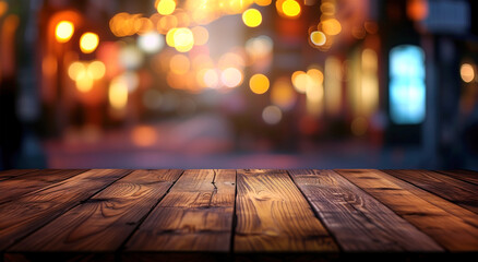 Dark wooden table top with a blurred café background, inviting composition for food and product display with bokeh lights