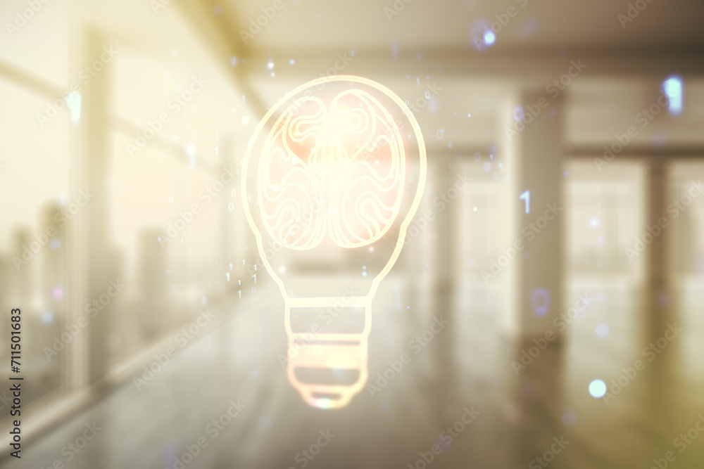 Fototapete abstract virtual idea concept with light bulb and human brain illustration on empty corporate office