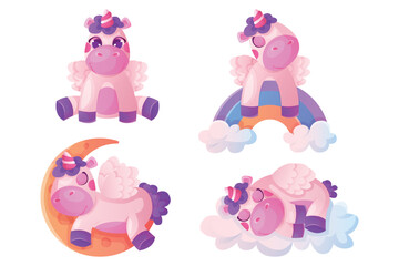 Naklejka premium Set of cute magic unicorns with twisted horn, mane. Pony fairy tale and fictional character. Baby rainbow pegasus, funny small unicorn. Wonderland, fairytale mascot, magical creature, dream horse