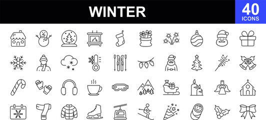 Winter web icons set. Winter season - simple thin line icons collection. Containing christmas, snow, snowflake, weather, snow and more. Simple web icons set