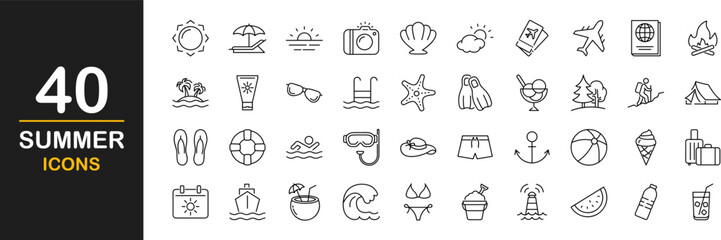 Summer web icons set. Summer season - simple thin line icons collection. Containing sun, travel, vacation, beach, tourism and more. Simple web icons set