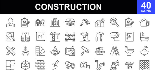 Fototapeta na wymiar Construction web icons set. Build and construction - simple thin line icons collection. Containing building, crane, engineer, worker, business, road, industry and more. Simple web icons set
