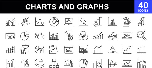 Fototapeta na wymiar Business graphs and charts web icons set. Statistics and analytics - simple thin line icons collection. Containing data, charts diagram, down or up arrow and more. Simple web icons set