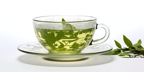  Green Tea Cup with Leaves on a White Background