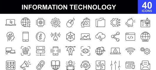 Fototapeta na wymiar Information Technology web icons set. IT - simple thin line icons collection. Containing technology progress, website, Internet, data, programming and more. Simple web icons set