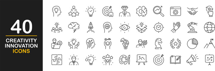 Creativity innovation web icons set. Creativity idea - simple thin line icons collection. Containing creative solutions, management, solution, brainstorming, invention and more. Simple web icons set © mi-vector